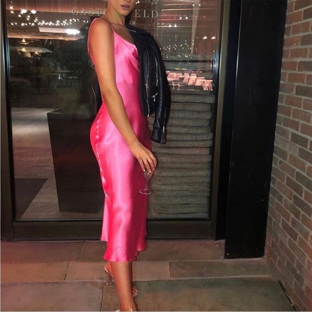 Zara hot pink satin midi dress fuchsia magenta berry silky faux wrap knee slit - Picture 10 of 14